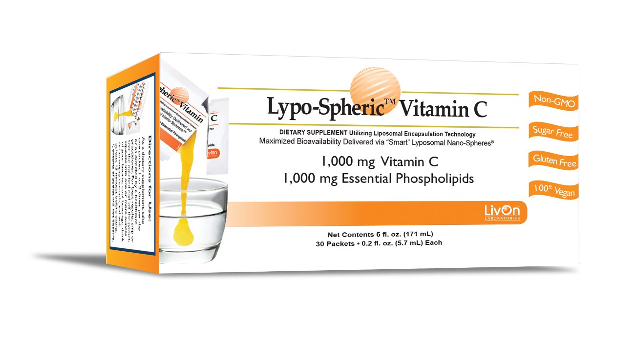 Liposomal vitamin C - Lypo-Spheric vitamin c sachet and goo on a glass plat, front view orange background
